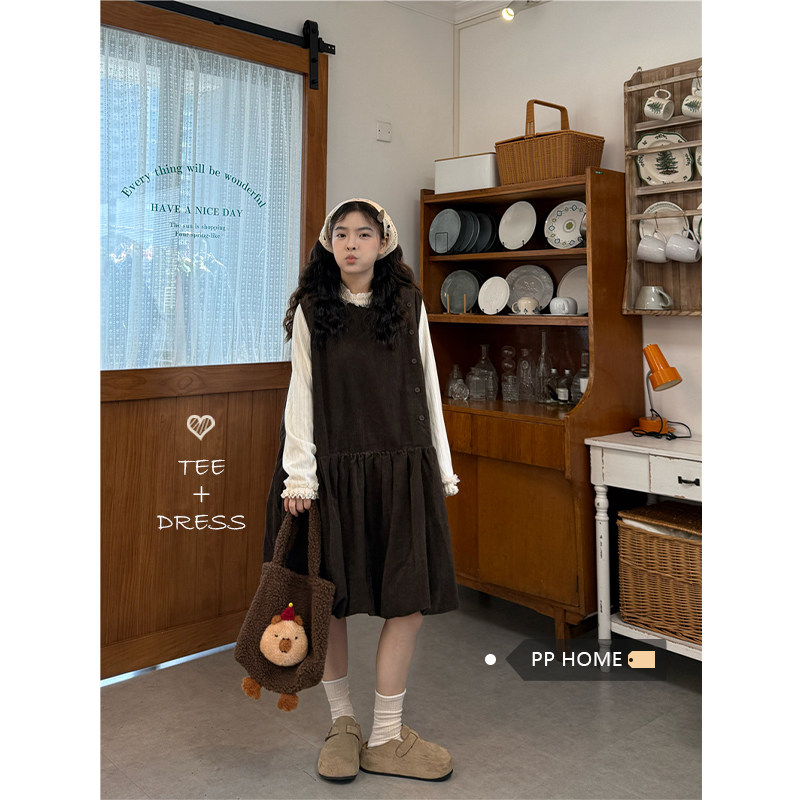 日本offcat复古棕色灯芯绒背心连衣裙女秋冬甜美小个子宽松减龄长