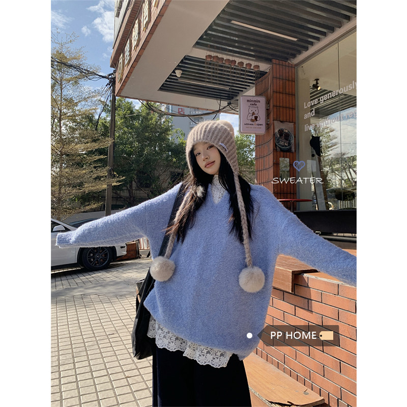 日本offcat软糯蓝色V领温柔风毛衣针织衫女秋季韩系宽松百搭套头