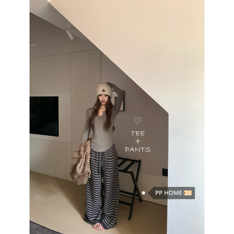 日本offcat设计感口袋灰色长袖打底衫上衣女秋季针织条纹阔腿裤两