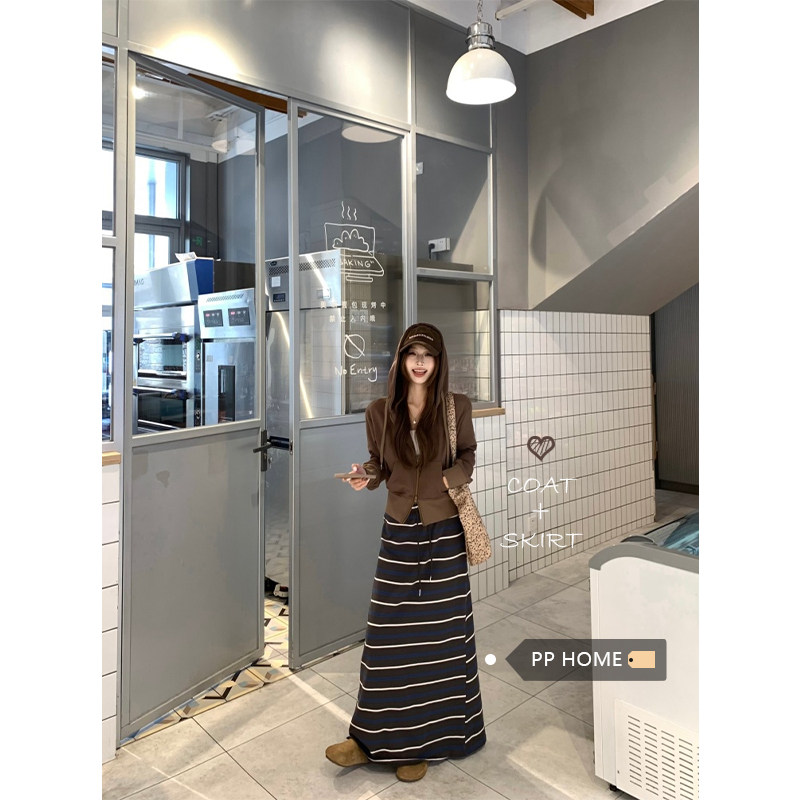 日本offcat双拉链棕色短款连帽卫衣外套女秋季休闲条纹半身裙时尚