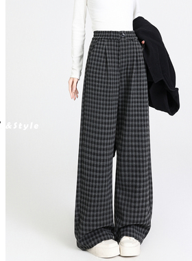 日本offcat黑灰色毛呢格子阔腿弯刀裤女秋冬新款加绒宽松慵懒垂感
