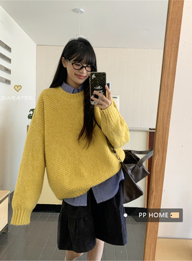 日本offcat多巴胺黄色圆领毛衣女秋冬软糯宽松慵懒风针织衫松弛感