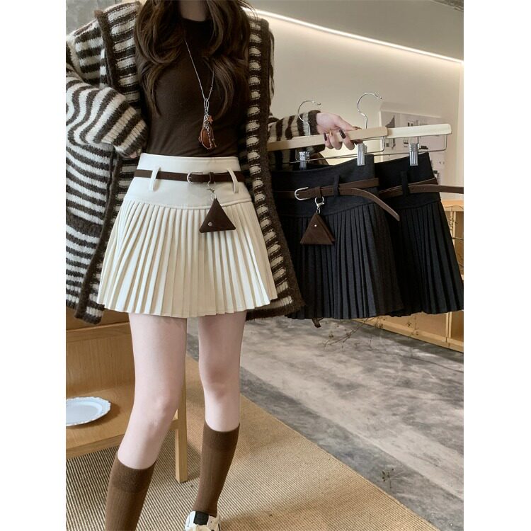日本offcat学院风白色毛呢百褶裙女秋冬小个子高腰a字短裙半身裙