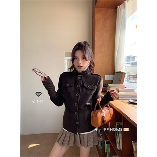 日本offcat高级感复古咖色立领毛呢外套女秋冬设计感收腰修身短款