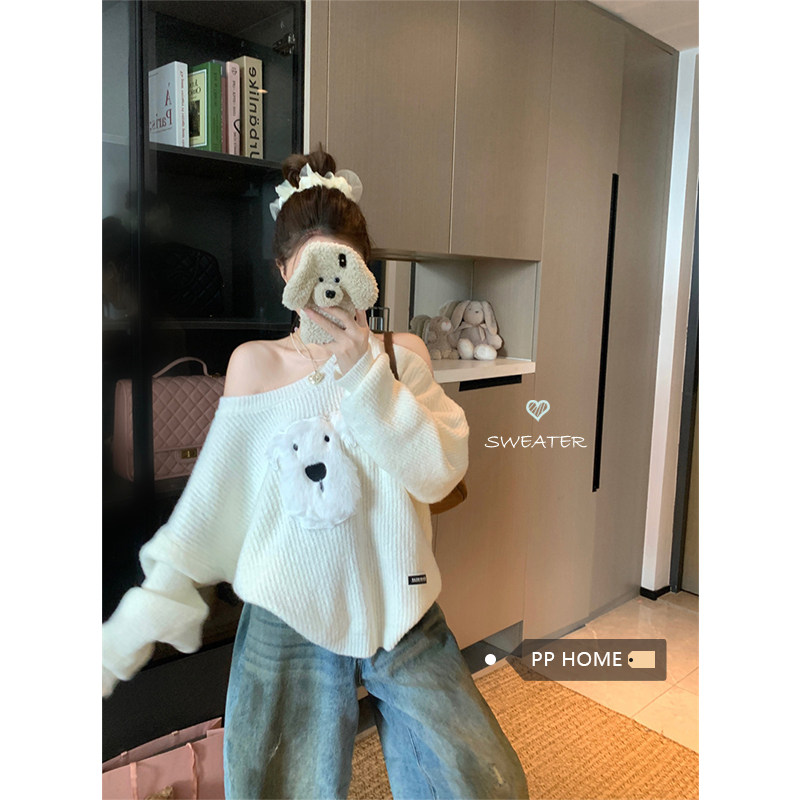 日本offcat可爱贴布小狗露肩软糯毛衣女秋季小个子宽松慵懒针织衫
