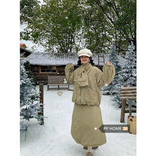 日本offcat蓝色短款棉服女冬季设计感夹棉外套高腰花苞裙半身裙两