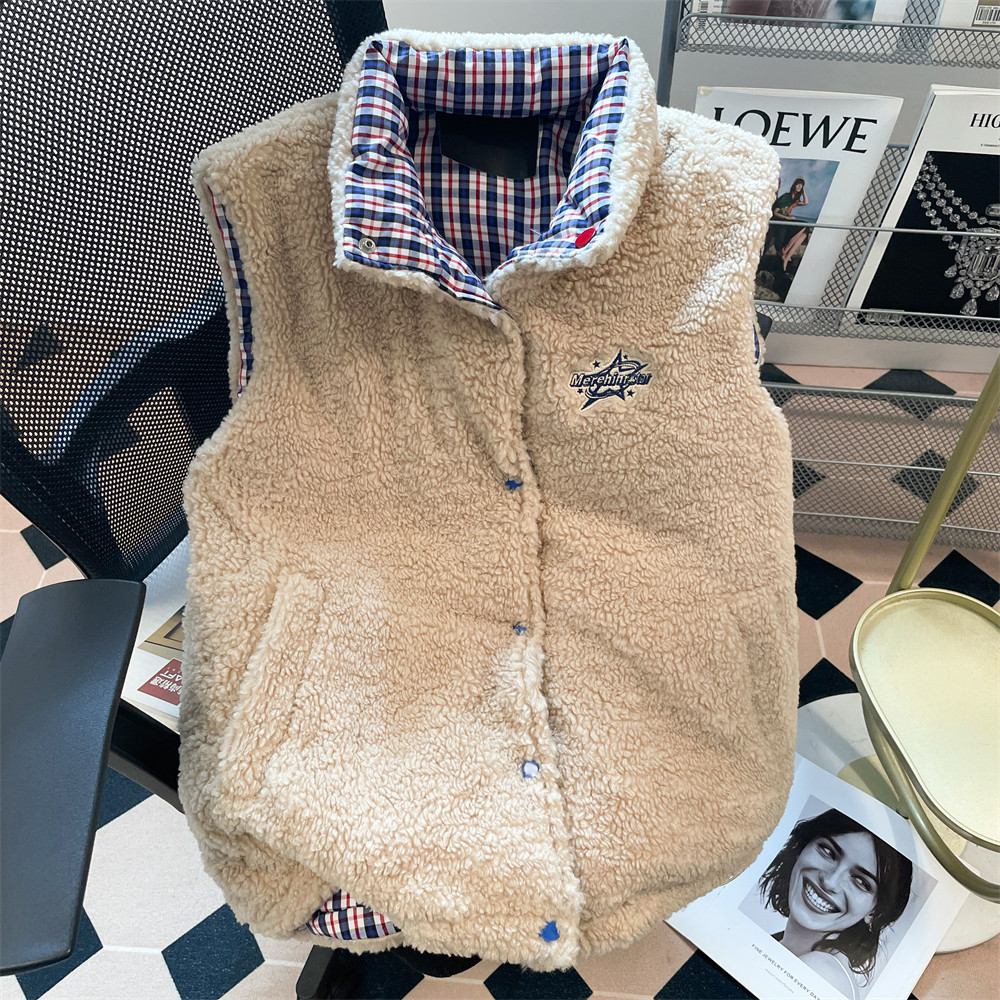 日本offcat美式复古双面穿格子羽绒马甲棉服女秋冬加厚保暖羊羔毛