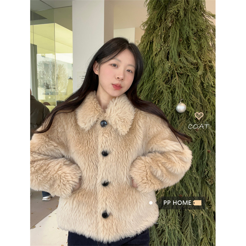日本offcat小个子加厚翻领短款毛毛外套女秋冬甜美宽松设计感毛毛