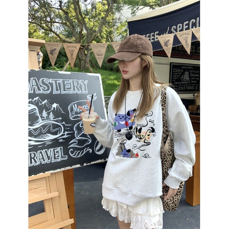 日本offcat可爱狗狗毛巾绣宽松加绒圆领卫衣女秋冬休闲灰色慵懒风