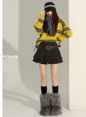 日本offcat灰色荷叶边毛呢半身裙女秋冬2025新款防走光高腰a字包