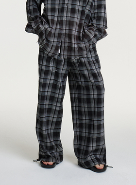 UMBNESS 潮牌MM6格纹长裤套装男女黑色磨毛宽松百搭直筒休闲裤秋