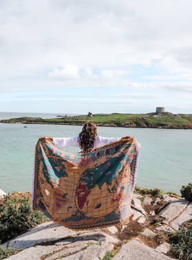 外贸沙发巾美式乡村沙发毯咖啡店酒吧工业风装饰画地图挂毯沙发垫