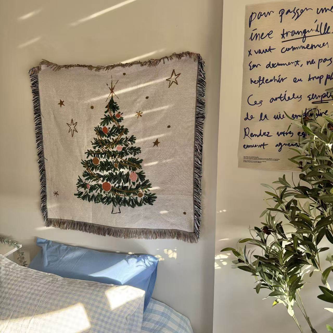 北欧风格韩式卧室布置小清新简约圣诞节复古圣诞树手绘挂毯