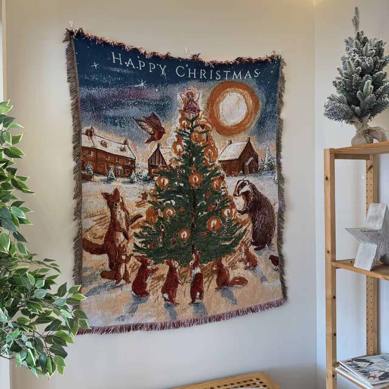 Happy Christmas 节日氛围感林地动物狐狸 兔子 知更鸟圣诞挂毯
