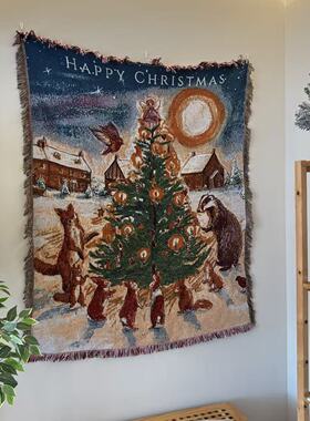 Happy Christmas 节日氛围感林地动物狐狸 兔子 知更鸟圣诞挂毯