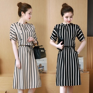 条纹衬衫连衣裙女夏中长款收腰遮肚子显瘦休闲小个子洋气气质裙子
