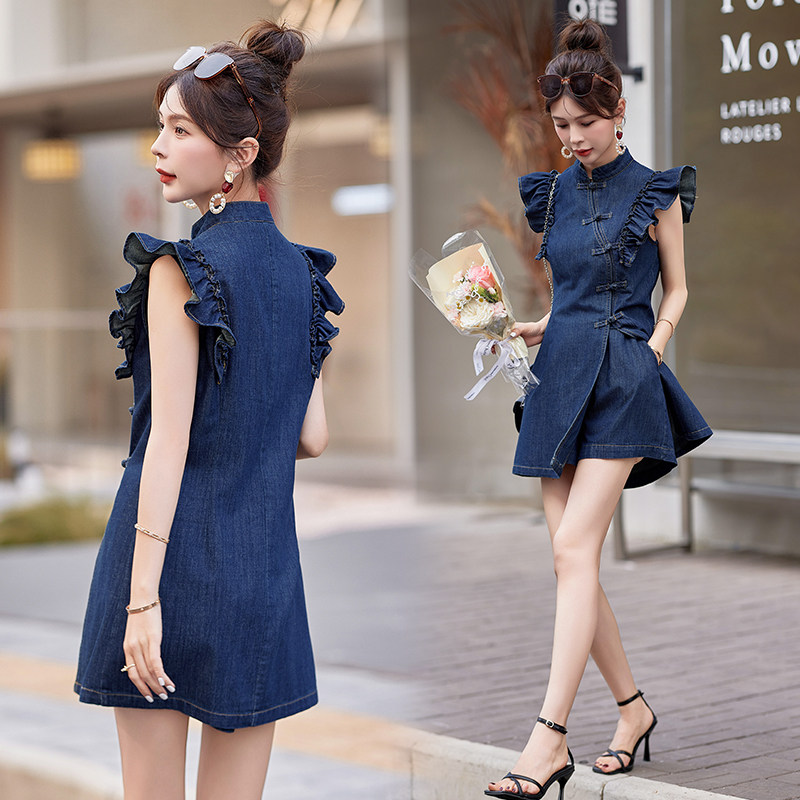2025夏季女装新中式牛仔套装女旗袍裙短裤两件套小个子减龄小飞袖
