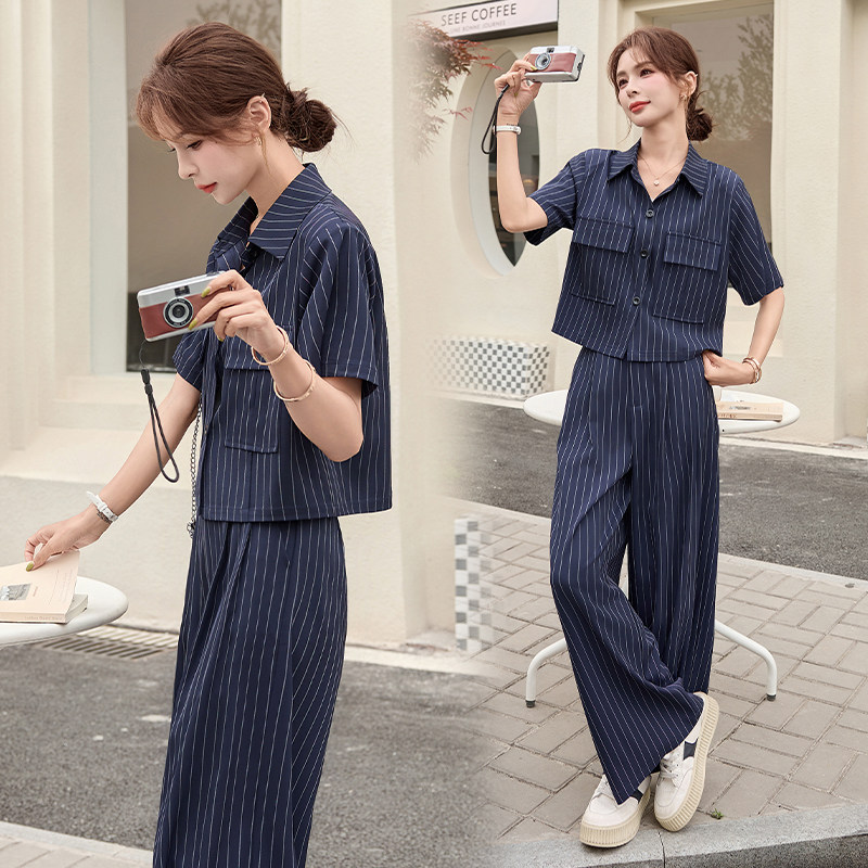 时髦气质条纹套装女夏2025新款洋气时尚宽松显瘦休闲阔腿裤两件套