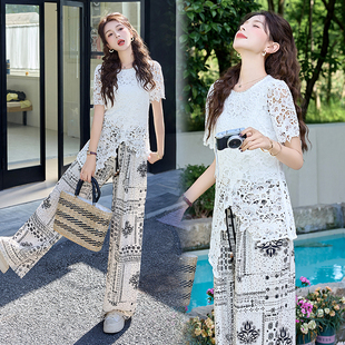 夏日蕾丝长裤穿搭一整套装女2025新款时尚套装巨好看阔腿裤两件套