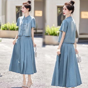 新中式国风牛仔套装裙女2025夏季新款时尚高级感休闲半身裙两件套