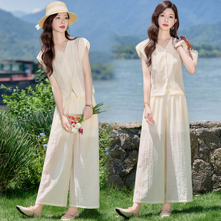 时尚无袖V领上衣阔腿裤两件套装女夏2025新款休闲减龄穿搭一整套