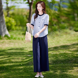 女装棉麻套装女夏季2025新款穿搭一整套短袖衬衣阔腿裤两件套减龄