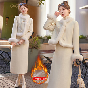 新中式国风套装女2025冬装新款气质毛呢外套羽绒半身裙两件套加厚
