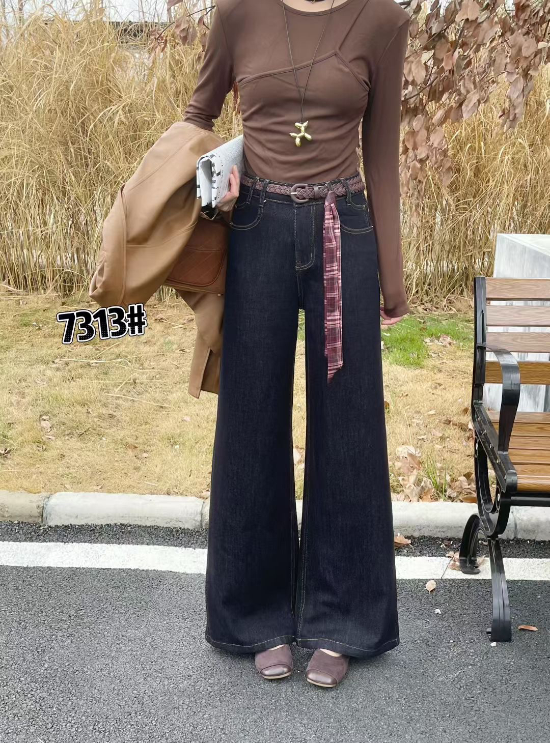 梦佳瑶7313深蓝色大裤脚牛仔裤女新款高腰宽松阔腿长裤显瘦丝腰带