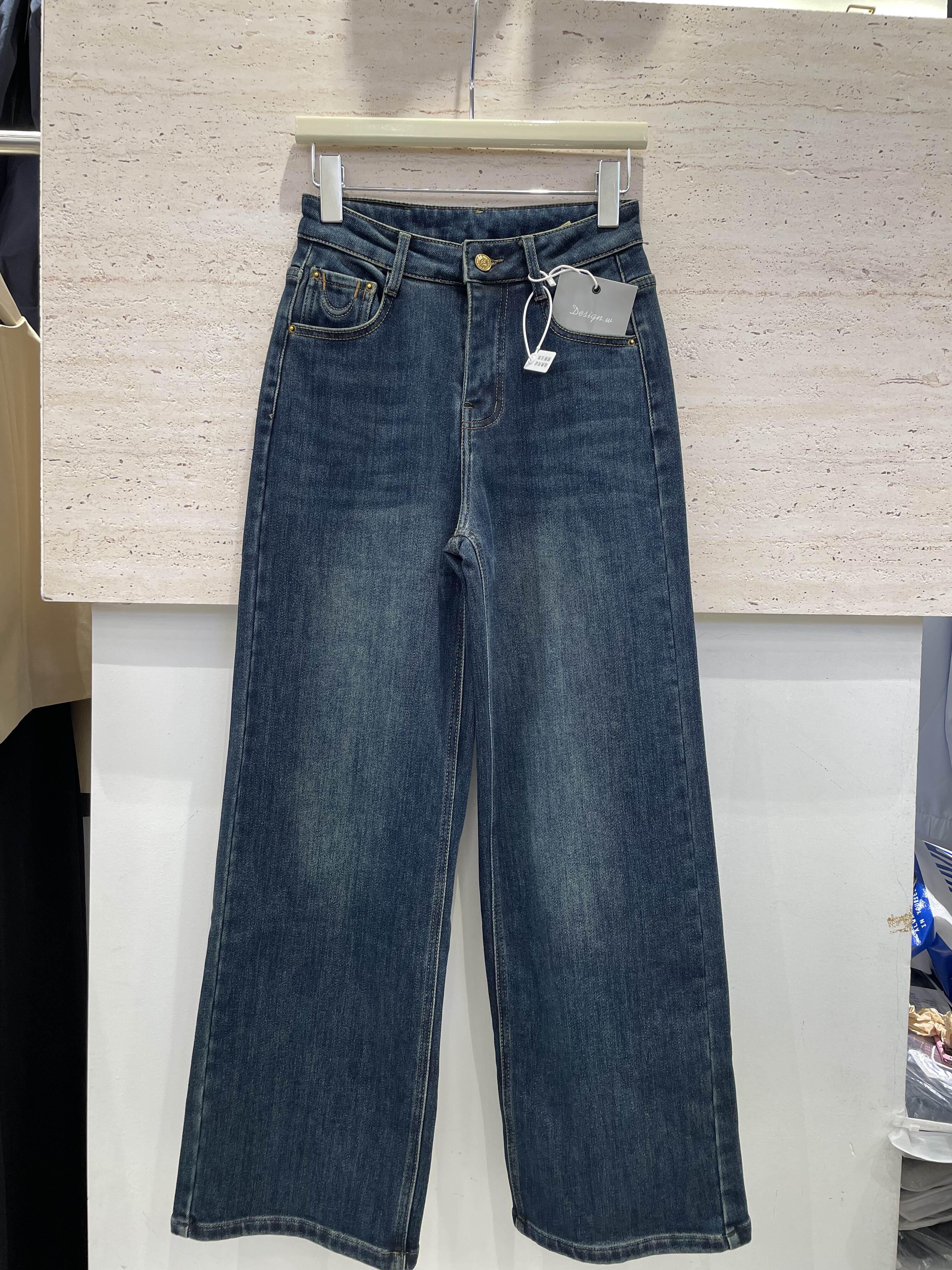 梦佳瑶2080冬季新植绒时尚高腰显瘦气质百搭直筒窄版阔腿牛仔裤女