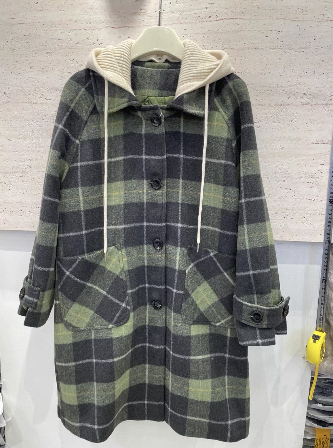 盈新865冬高端格子连帽毛呢大衣女学院风减龄中长款过膝毛呢外套