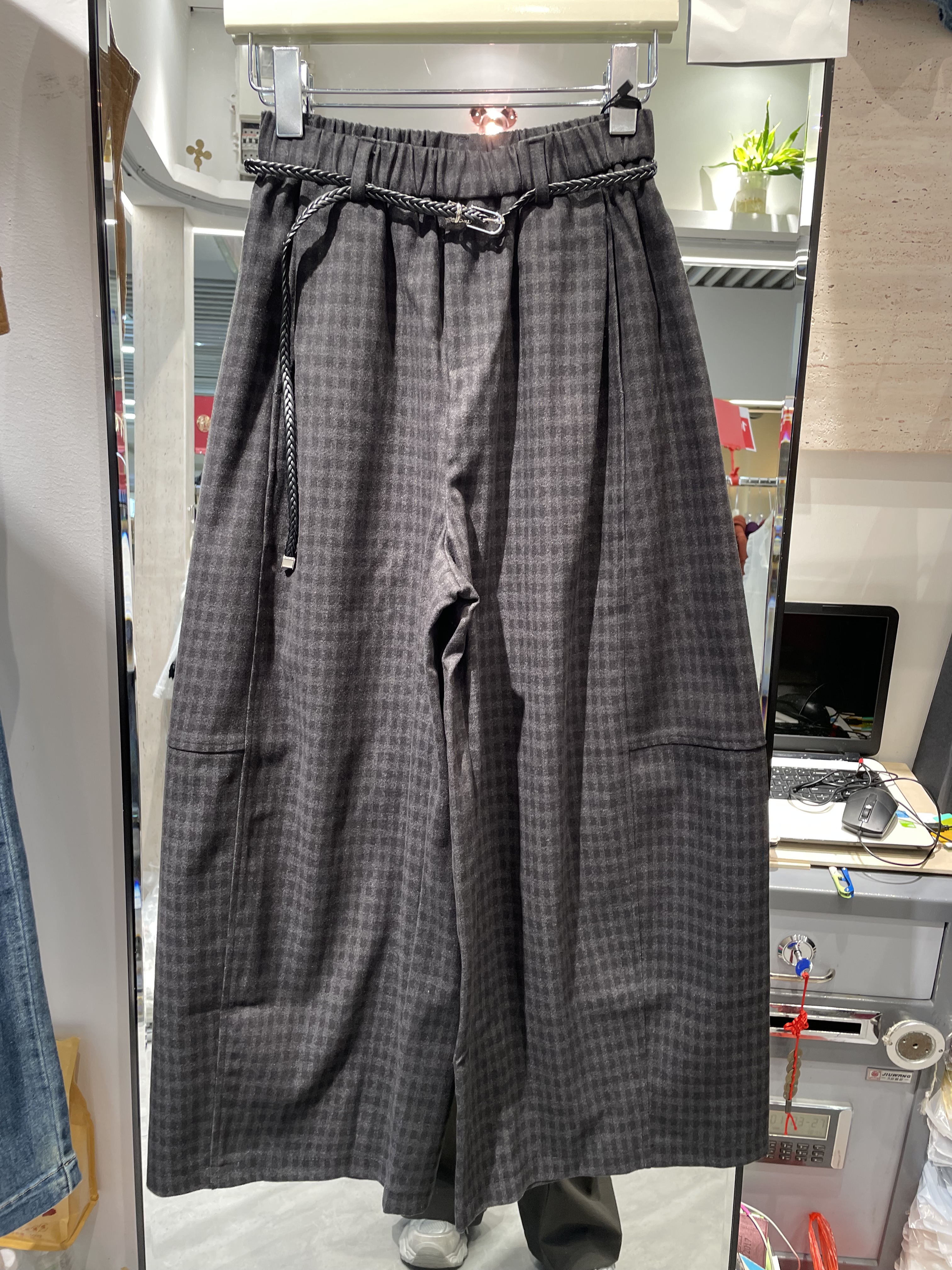 绿枝686秋韩版时尚百搭高腰显瘦格子休闲裤女宽松直筒阔腿九分裤
