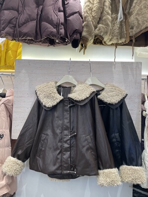 千百意72652冬季新品加厚加绒羊羔毛娃娃大翻领pu皮衣外套女夹克