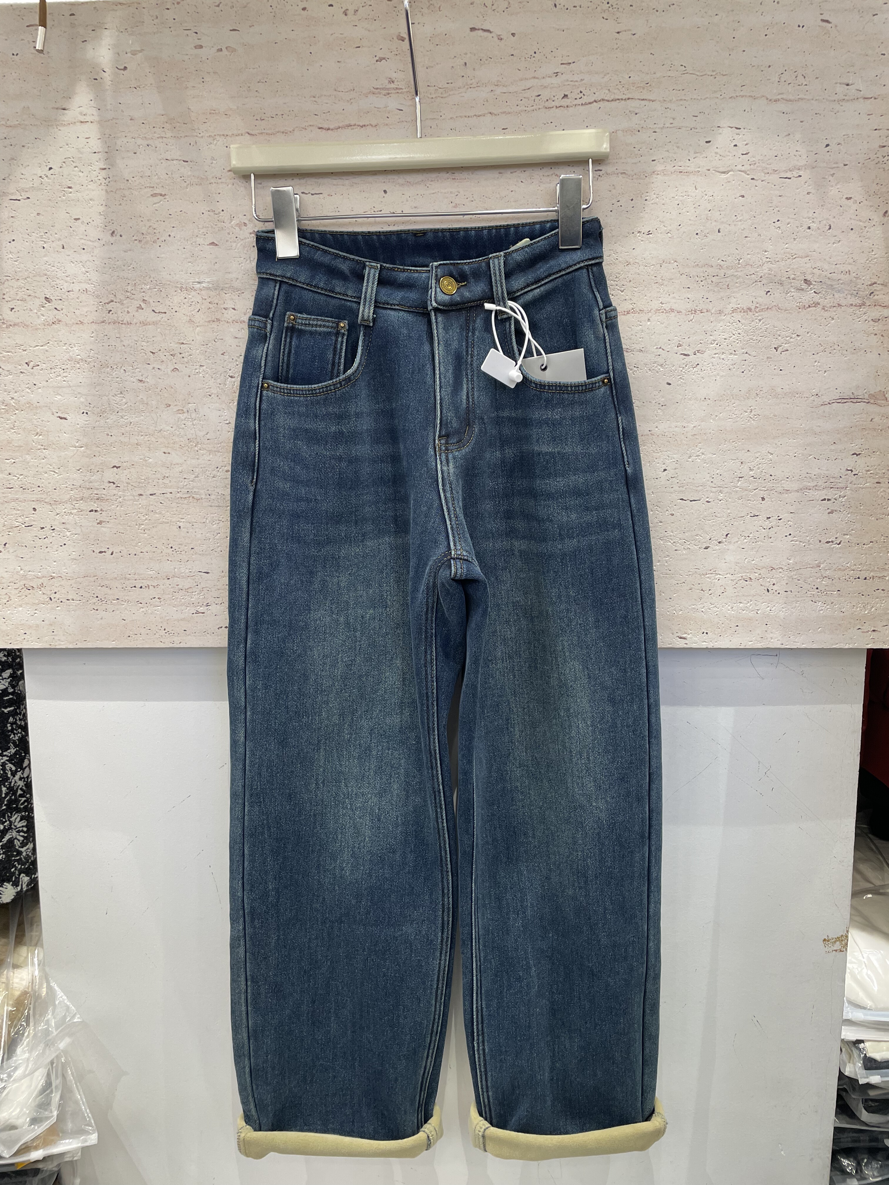 梦佳瑶2125冬加绒加厚显腿长高腰显瘦窄版直筒阔腿裤女牛仔九分裤