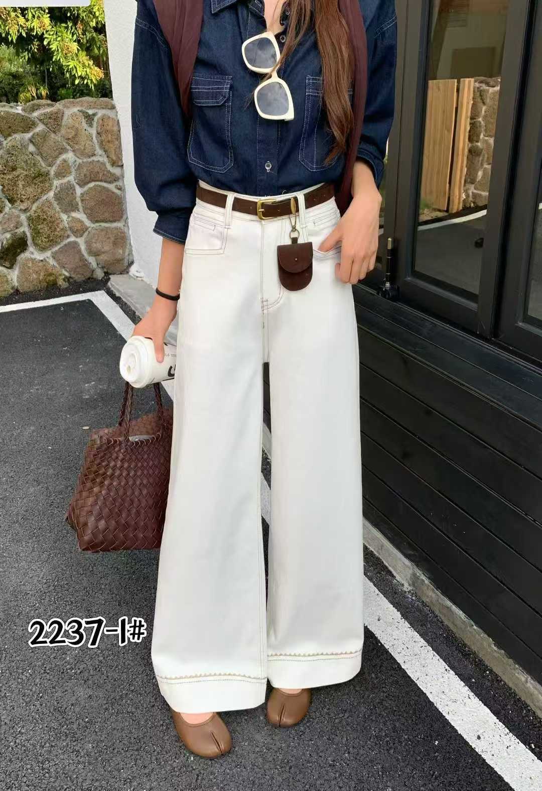 莉娜公主2237-1秋季白蓝牛仔直筒裤女百搭宽松韩系简约长裤休闲裤