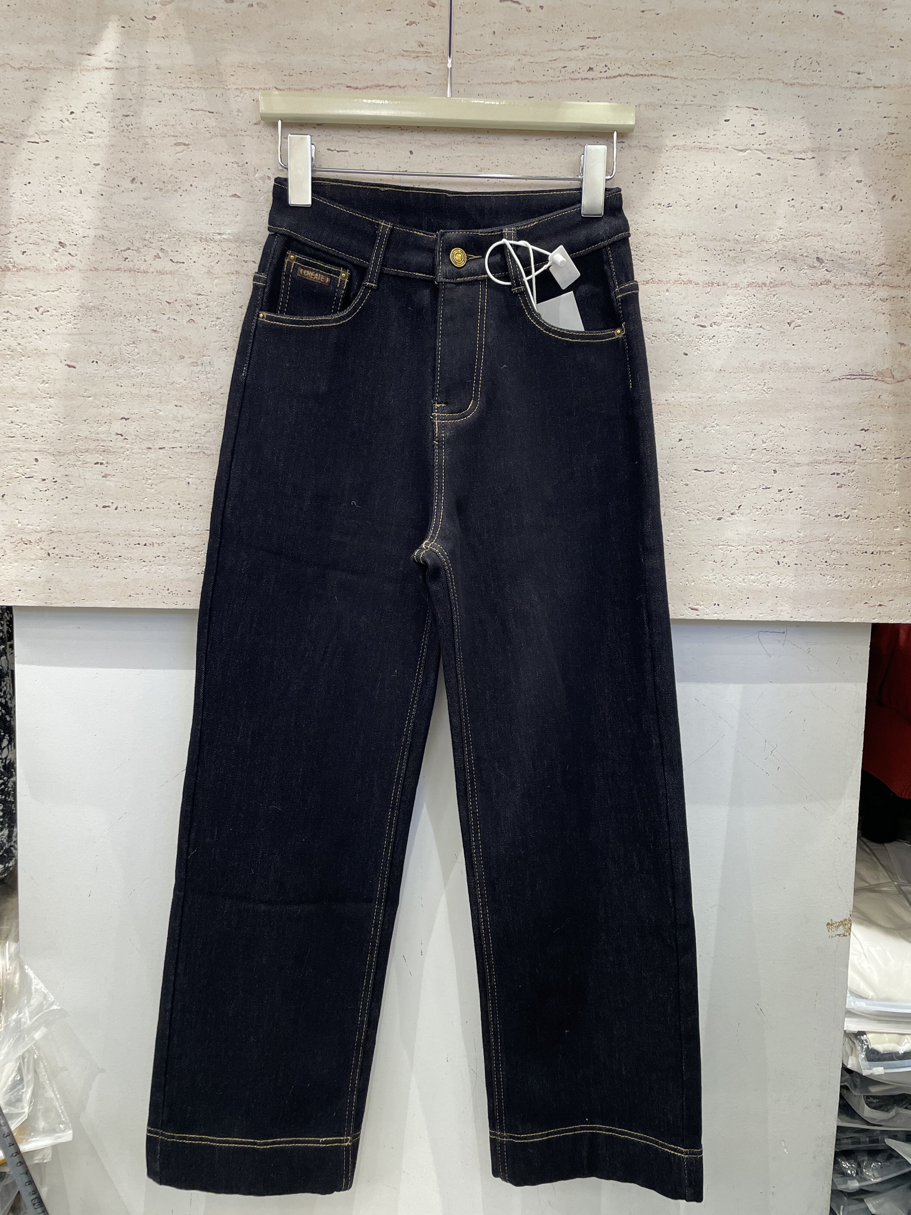 梦佳瑶8853冬新款时尚复古窄版阔腿牛仔裤深蓝高腰显瘦小个子女裤