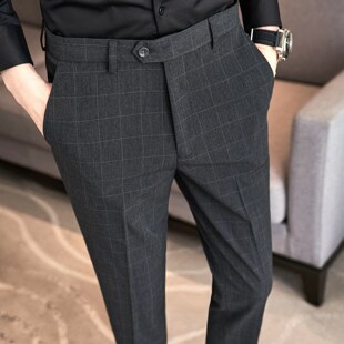 修身 秋冬款 小脚西装 弹力商务高端休闲格子男士 潮男裤 西裤 子春秋季