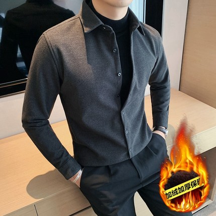 男士衬衫羊毛呢子外套商务高端加绒加厚保暖寸秋冬季长袖休闲衬衣