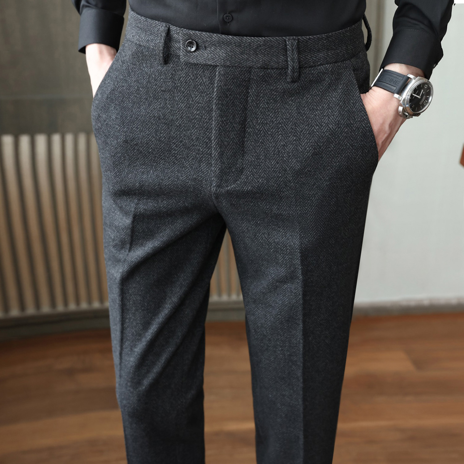 男裤子加厚羊毛呢子秋冬季冬款高端粗花呢人字纹修身男士休闲西裤