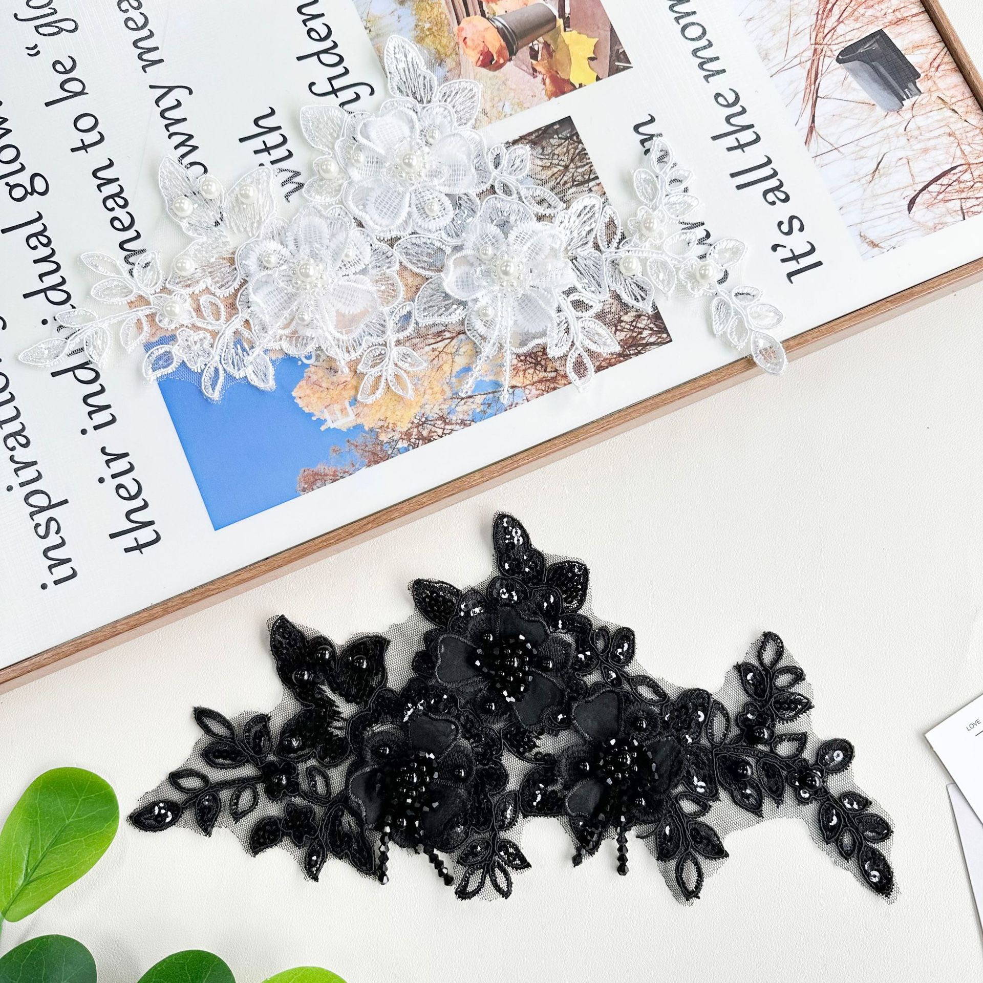 立体珠绣蕾丝花片黑色枝蔓设计 DIY服装鞋帽箱包头巾衬衫装饰辅料