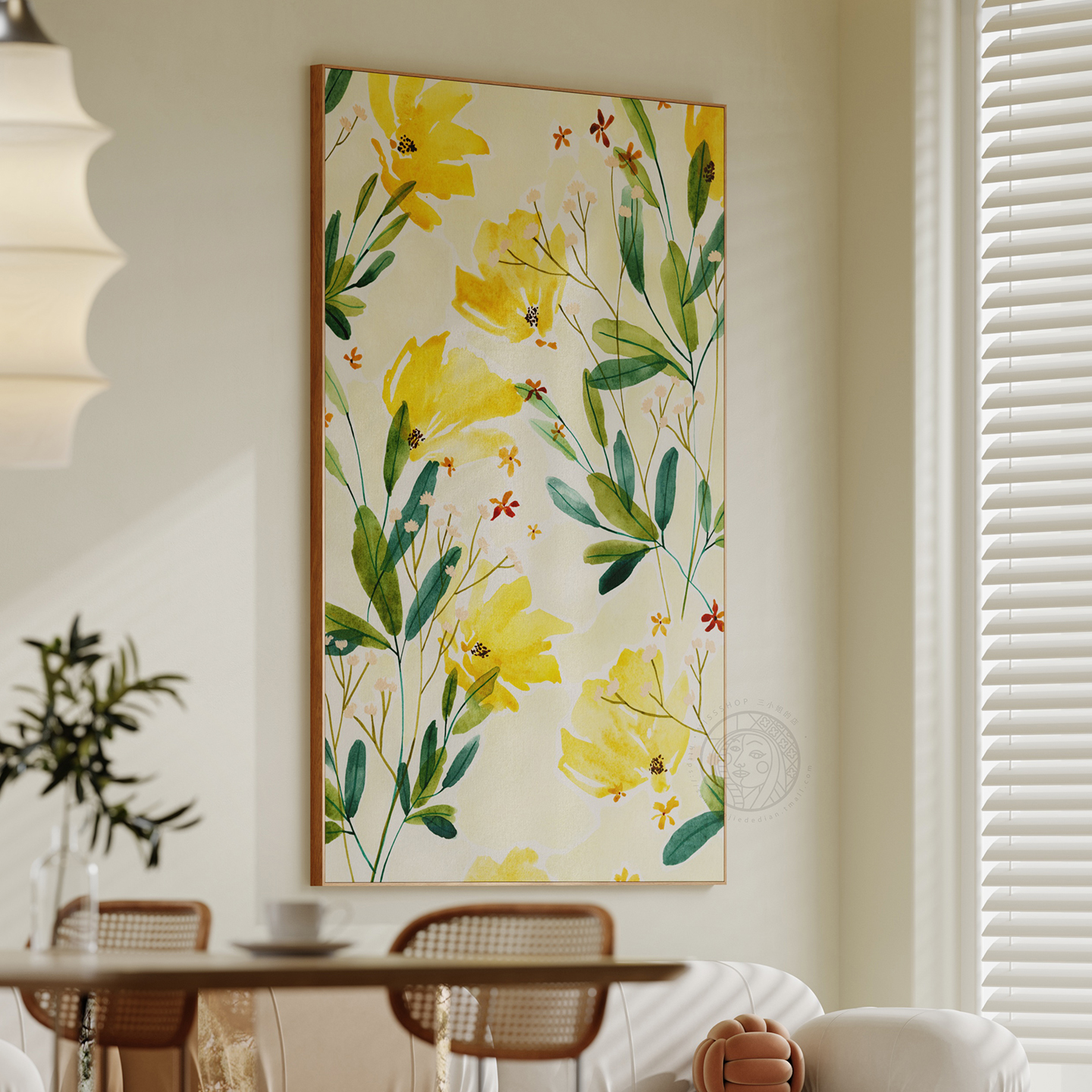 原木风绿植客厅沙发背景墙装饰画