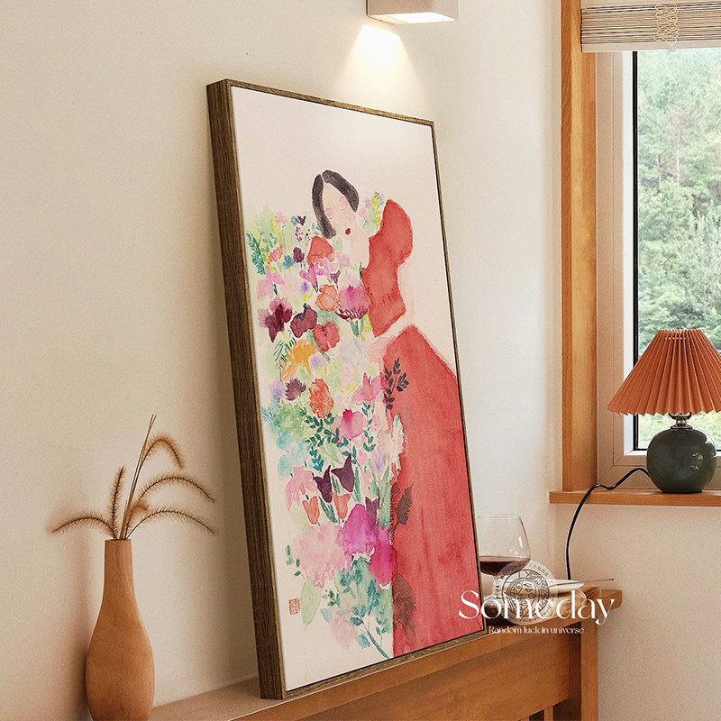 艺术家秦秀娟联名款 奶油风竖版水彩人物书房装饰画玄关斗柜摆画