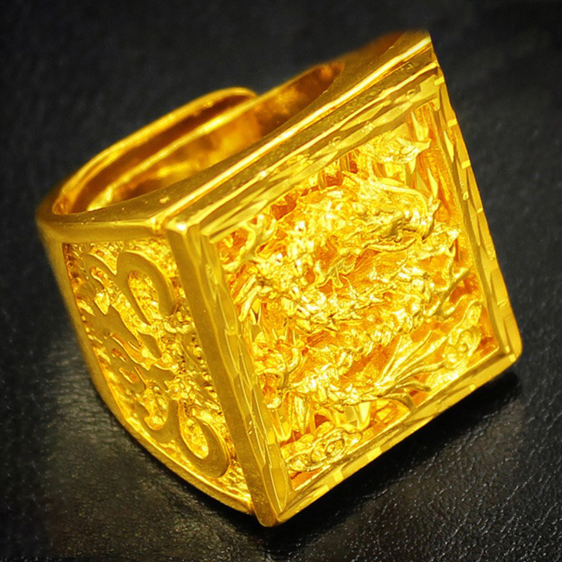 创缘镀黄金戒指男开口发财福字镀沙金方戒老板戒龙图案长辈礼物品