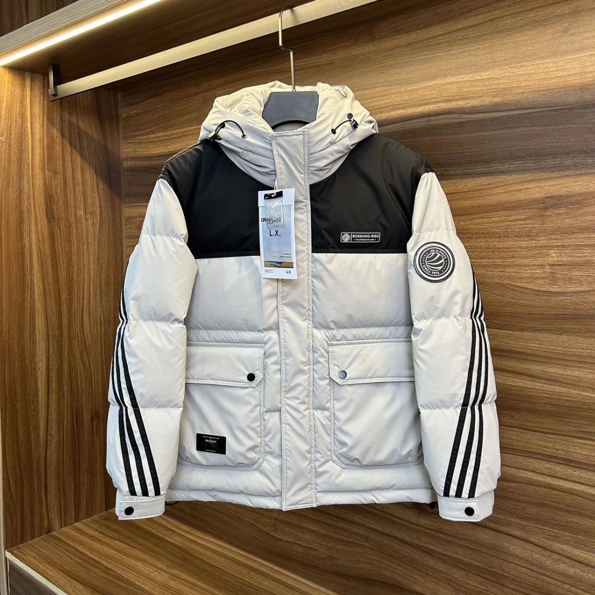 2025冬装新品工装羽绒服男士宽松潮流三条杠拼接加厚保暖连帽外套