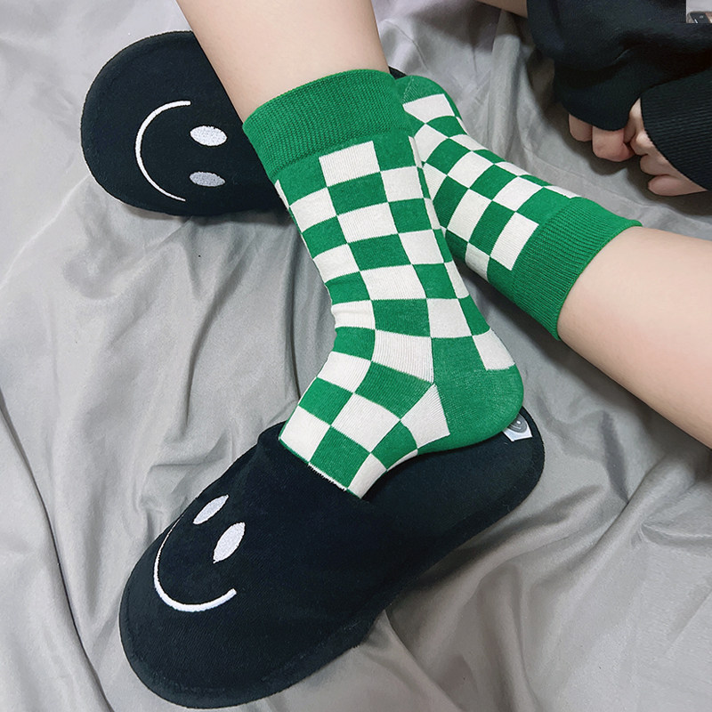 复古绿棋盘格格子袜女运动棉