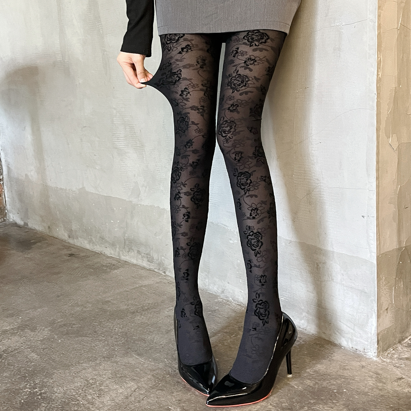 法式复古性感玫瑰植绒镂空黑丝