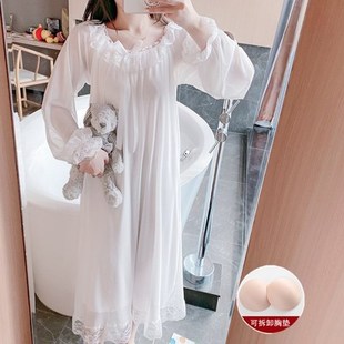 网纱宫廷公主风带胸垫睡衣女夏季 过膝纯棉莫代尔春秋睡裙 薄款 长款