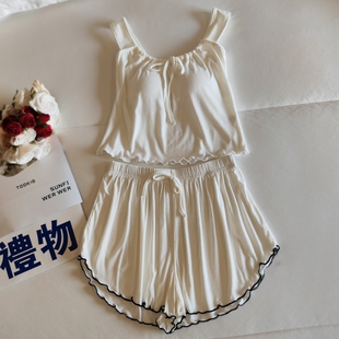 薄款 两件套四季 甜美网红风带胸垫家居服 吊带短裤 莫代尔睡衣女夏季