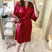 睡袍女夏季 春秋睡衣性感新娘结婚和服酒店浴晨袍红色 冰丝薄款