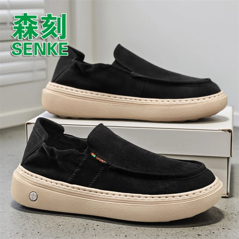 森刻轻奢男士复古超轻软底高颜值秋季新款一脚蹬懒人帆布休闲板鞋