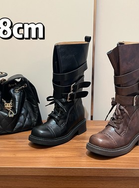 【内增高8cm】小个子真皮复古风加厚粗跟骑士长筒靴P06118